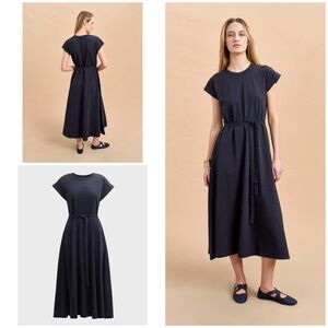 EUC La Ligne Navy Blue Andie Belted 100% Cotton Midi T-Shirt Tee Dress Large